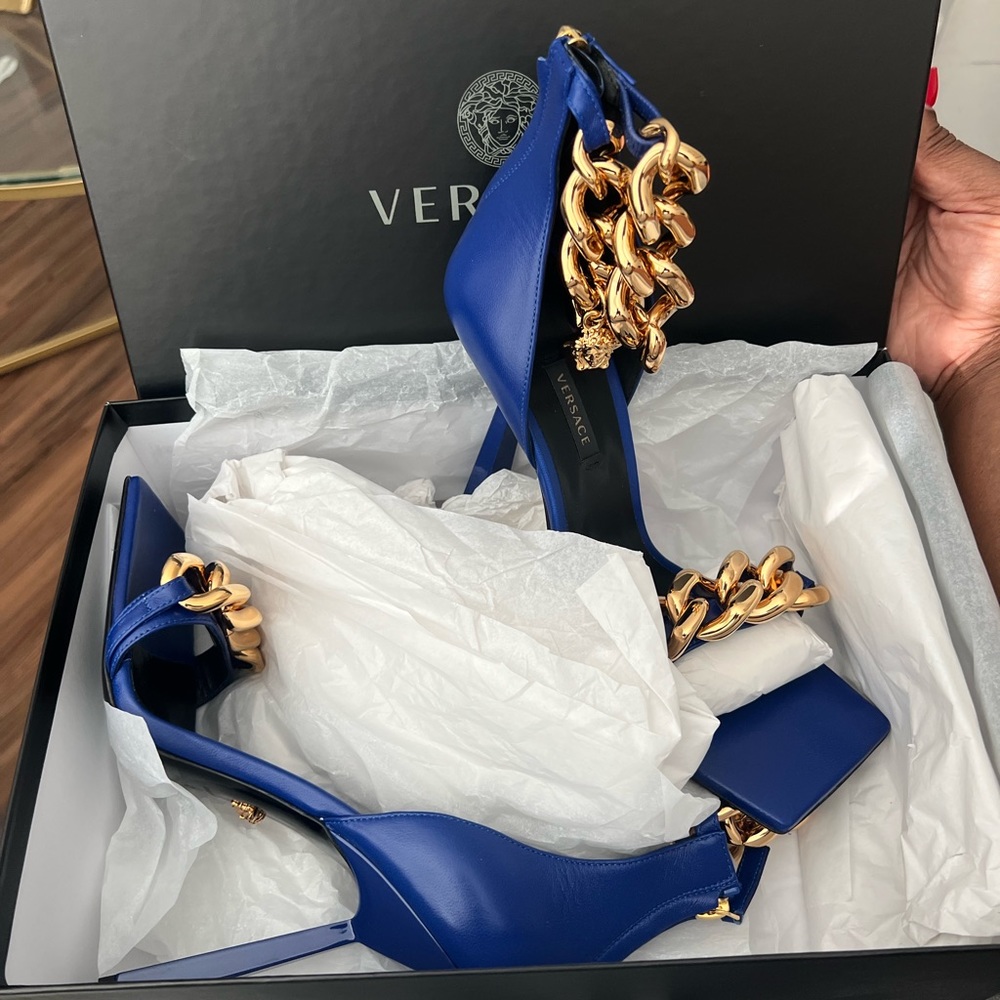 Versace Women's Medusa Chain Blue Heels
